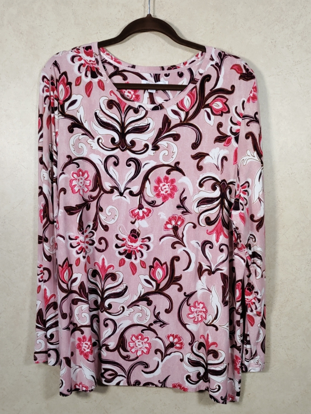 O131 Chico's Touch Of Cool Pink Floral Scroll Print Tee 4 XXL